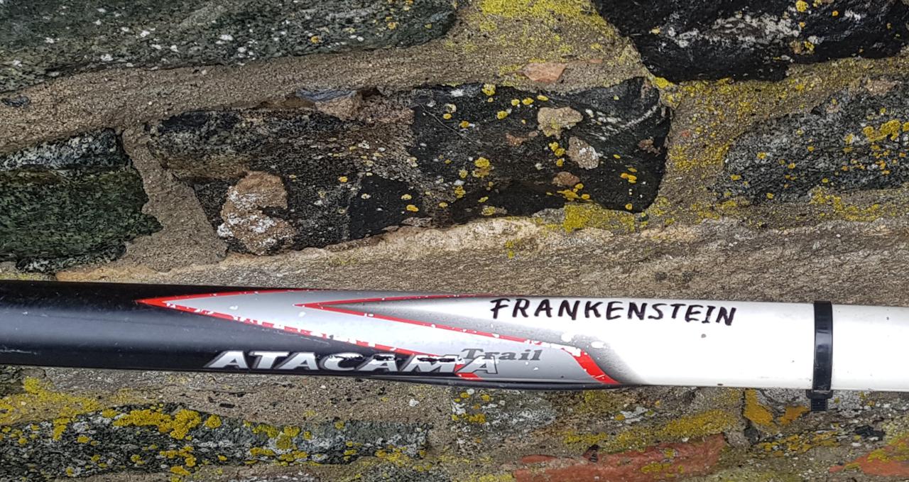Frankenstein leaning at the castle wall, detailed photo of top tube with name